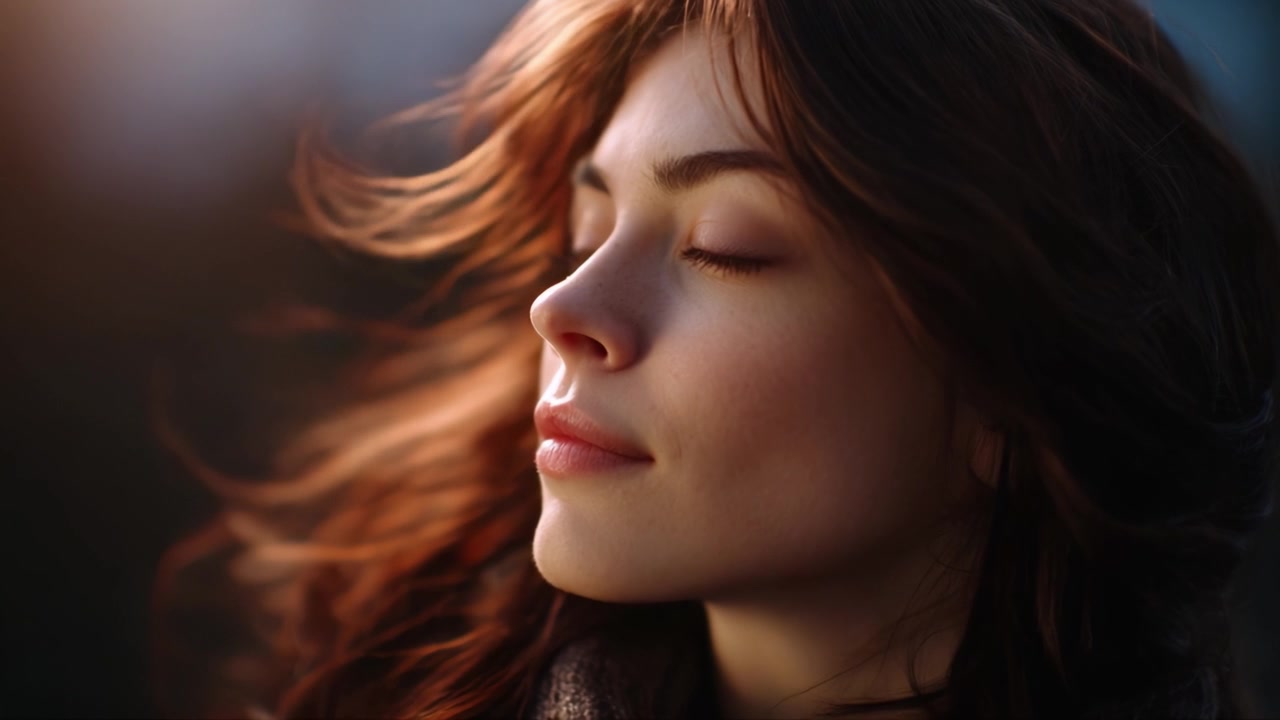 Captivating Moment of Serenity: A Young Woman Embraces Tranquility with Her Eyes Closed, Allowing the Wind to Play with Her Flowing Hair, Radiating Peace.