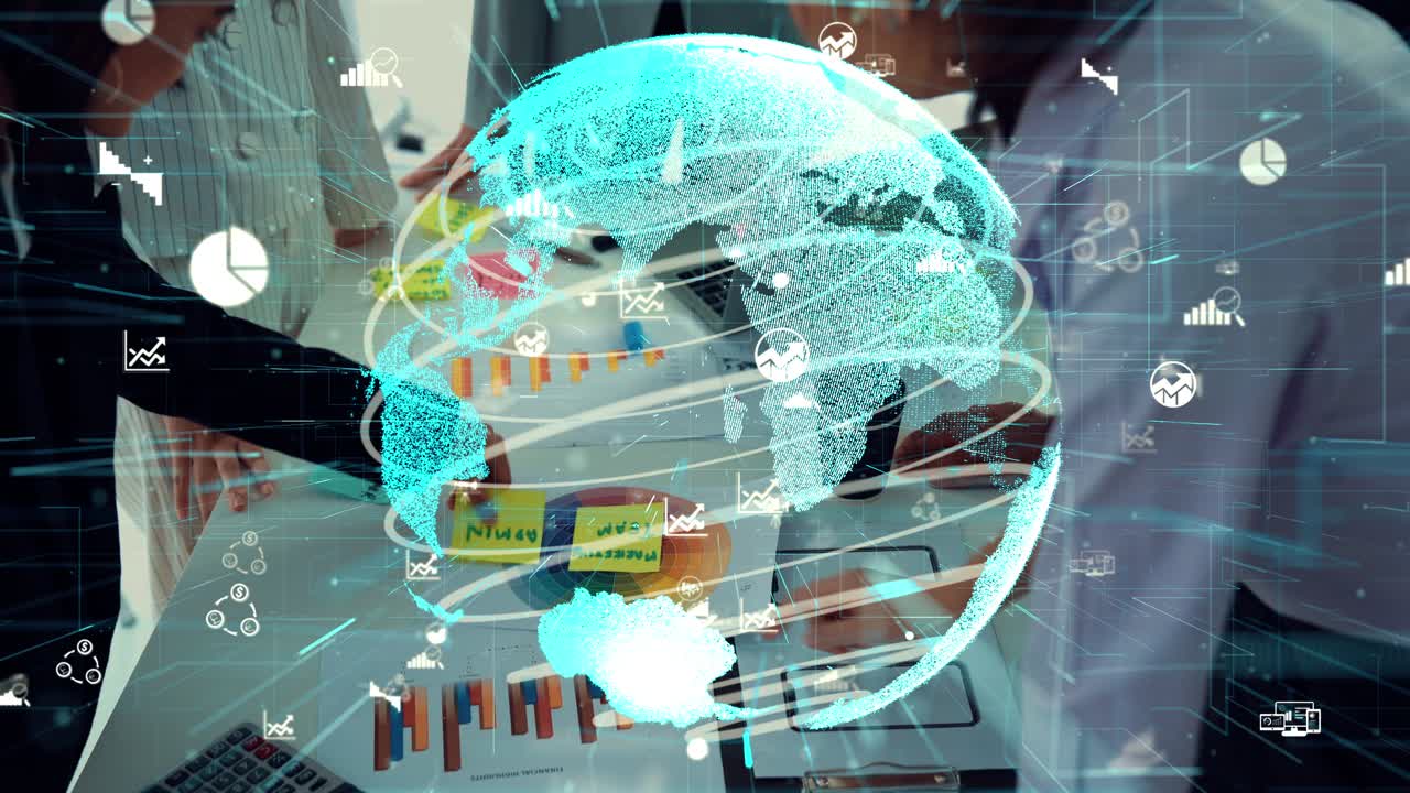 기업 직원 회의에서 비전 그래픽과 함께 비즈니스 사람들