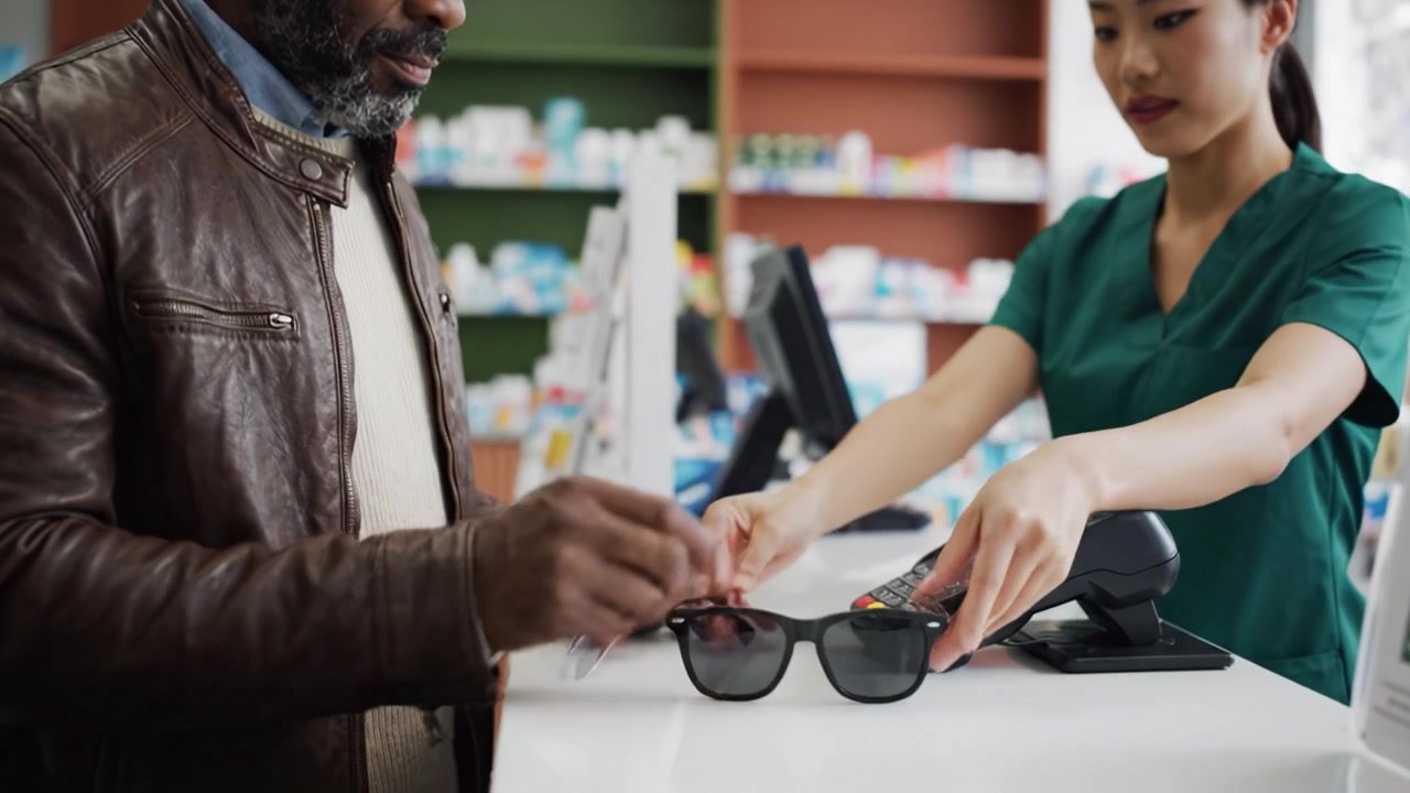 Customer and Pharmacist Interaction During Checkout Process with Sunglasses at Pharmacy Counter Highlighting Purchase Experience and Health Service.