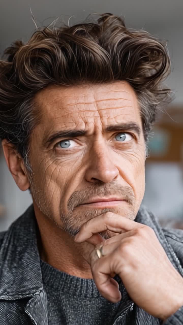Un uomo pensieroso contempla la vita con intensa concentrazione ed espressione, mostrando la profondità dell'emozione nei suoi occhi blu in un ambiente informale