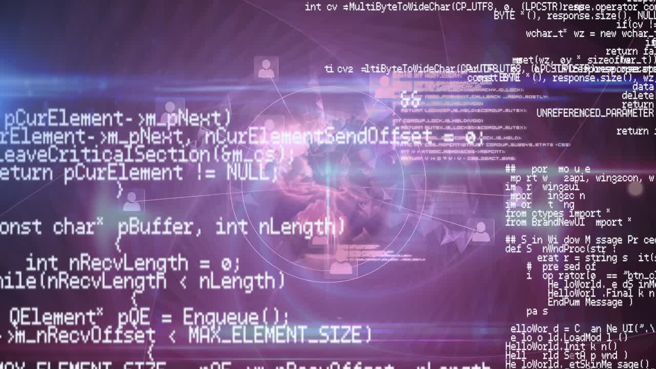 animación digital del procesamiento de datos sobre iconos de perfil contra un globo giratorio sobre fondo púrpura