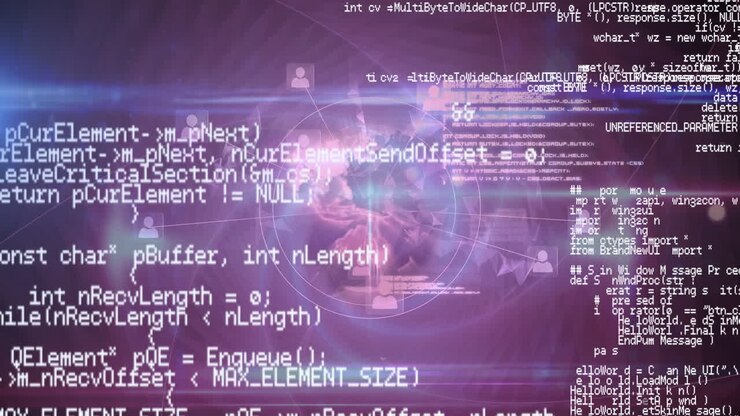 Digital animation of data processing over profile icons against spinning globe on purple background
