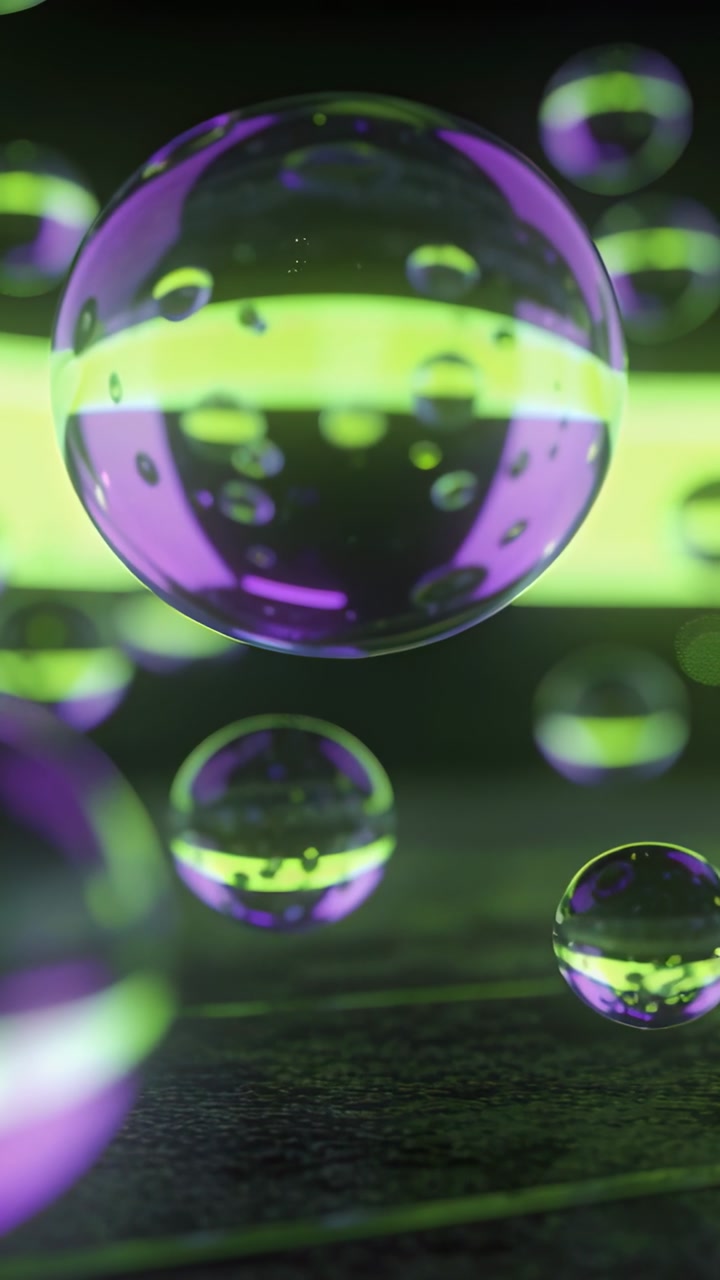 Vertical video: Camera shift moving purple orb, orbs drifting over slab, neon glow showing depth