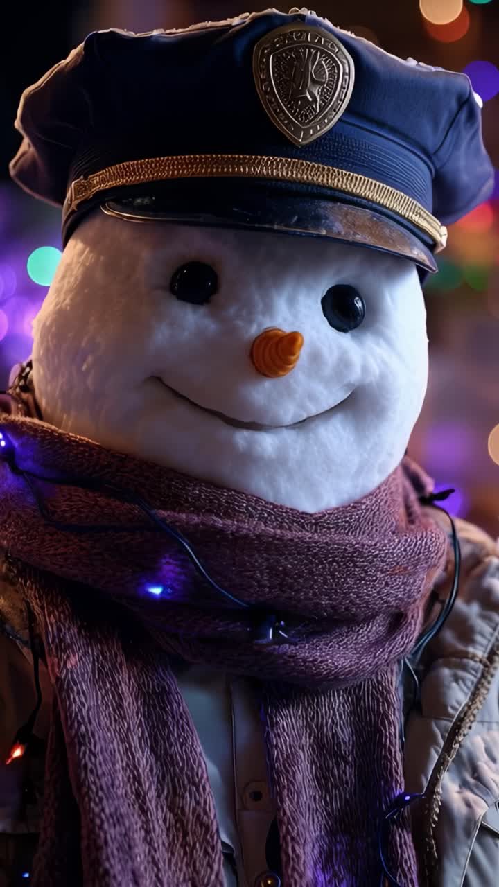 A cheerful snowman dressed as a police officer, adorned with festive lights and a scarf, smiling warmly against a colorful, blurred festive background