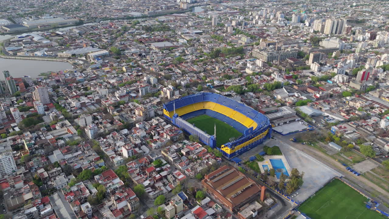 Aerial view of La Bombonera Boca Juniors football stadium and Buenos Aires City, Argentina