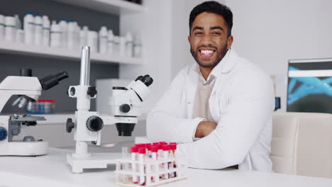 Scientist,-man-face-and-microscope-blood-sample