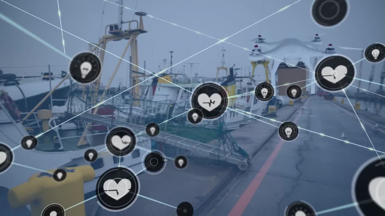 아이콘과 배달 드론이 도크 위에 있는 연결 네트워크의 애니메이션