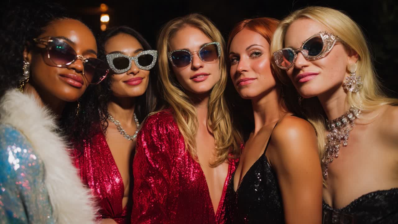 A Glamorous Gathering: Five Stylish Women Shine with Elegance and Sparkle, Showcasing Trendy Sunglasses, Stunning Outfits, and Captivating Expressions in a Chic Setting of Friendship and Fashion