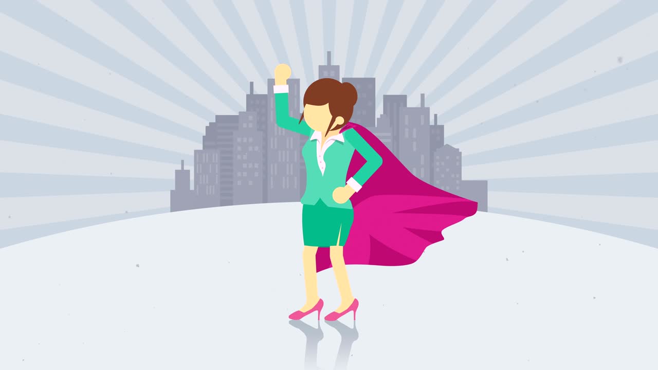 도시 배경에 서있는 슈퍼 히어로, 먼지 춤, 비즈니스 여성 상징, 리더십 및 성취 개념, 코 루프 애니메이션.