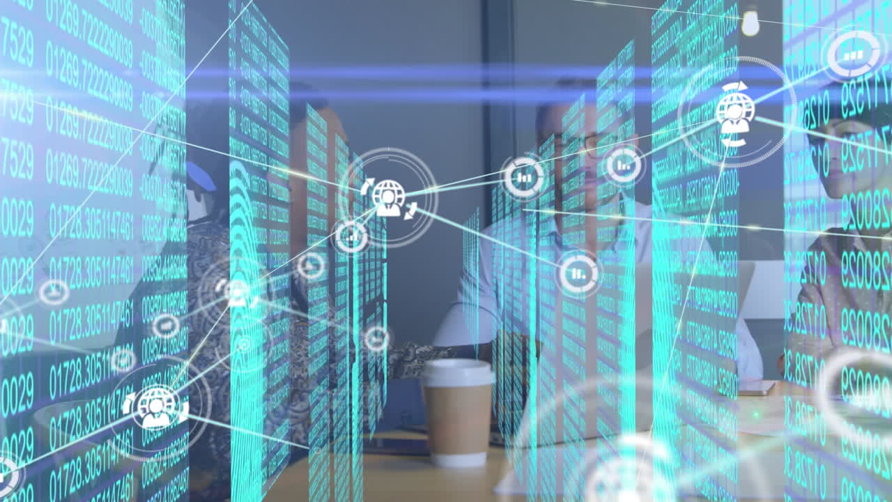 Animation of network of connections over diverse business people in office