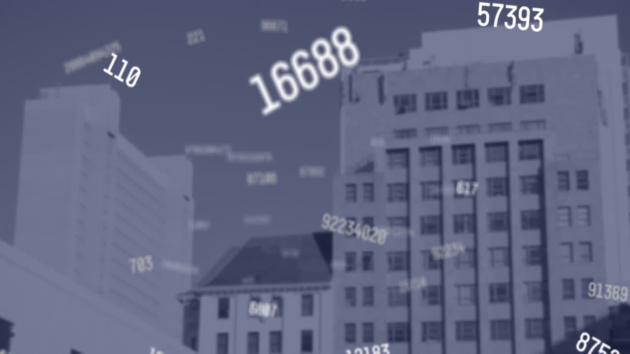 높은 건물의 공중 전망에 대항하여 여러 번 변하는 숫자의 애니메이션