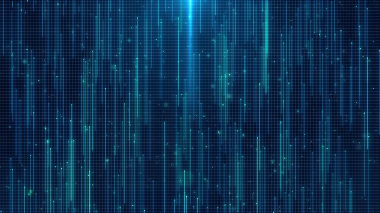 Griglia blu luminosa di dati in movimento: AI, Big Data e sfondo futuristico high-tech con bagliore ottico