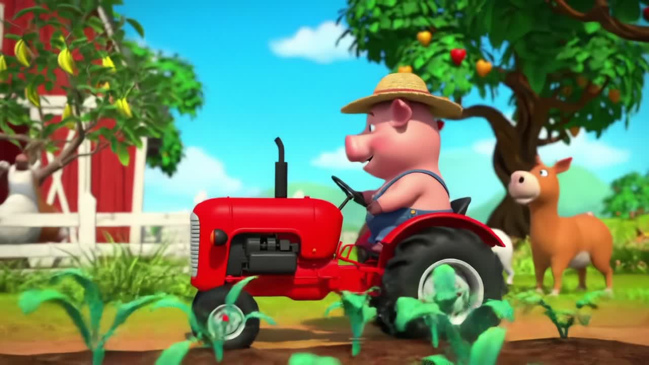 A cheerful pig driving a bright red tractor through a colorful farm, surrounded by animals and vibrant scenery, showcasing the joys of rural life and farming adventures