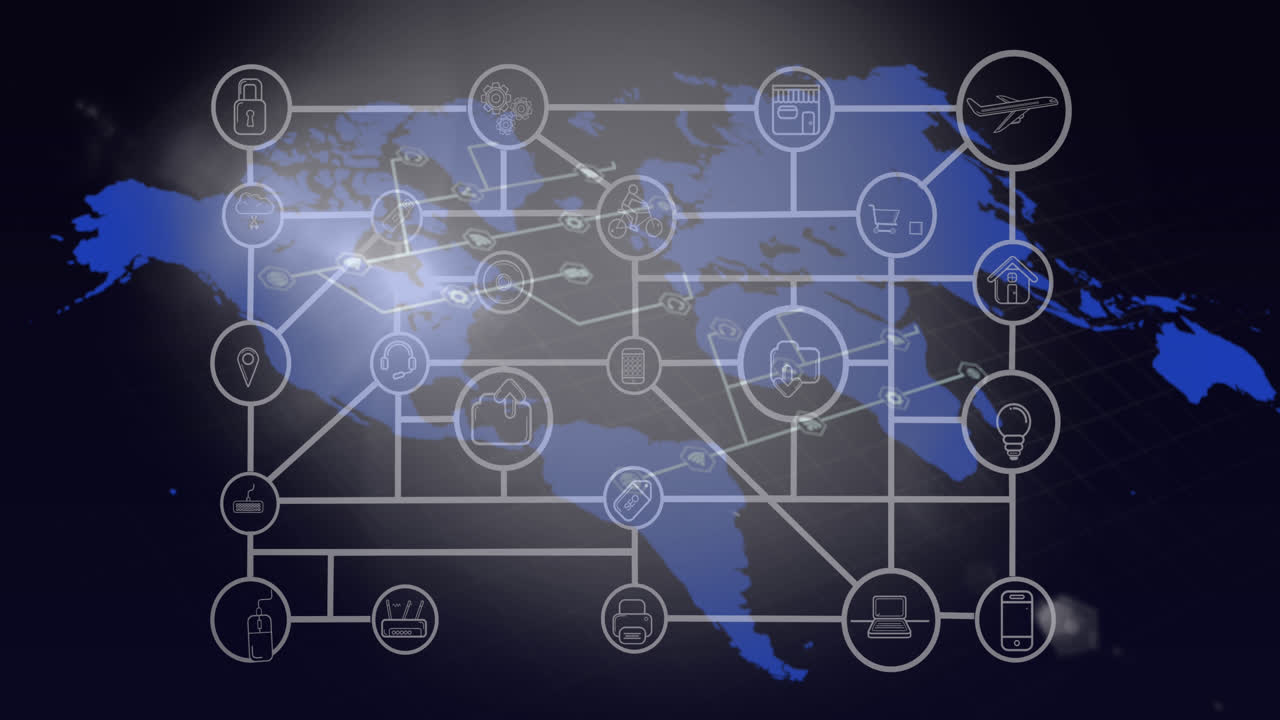 red de iconos digitales contra el mapa del mundo en fondo negro