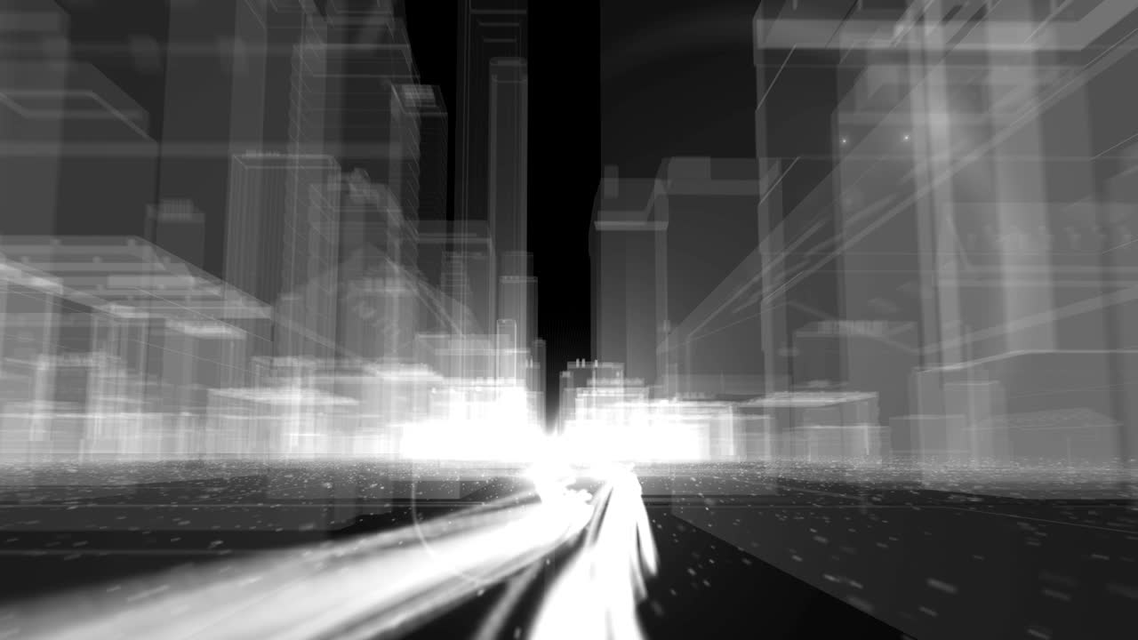 ワイヤフレーム都市の建物に情報を運ぶ光ファイバーケーブルの抽象的なシームレスループアニメーション