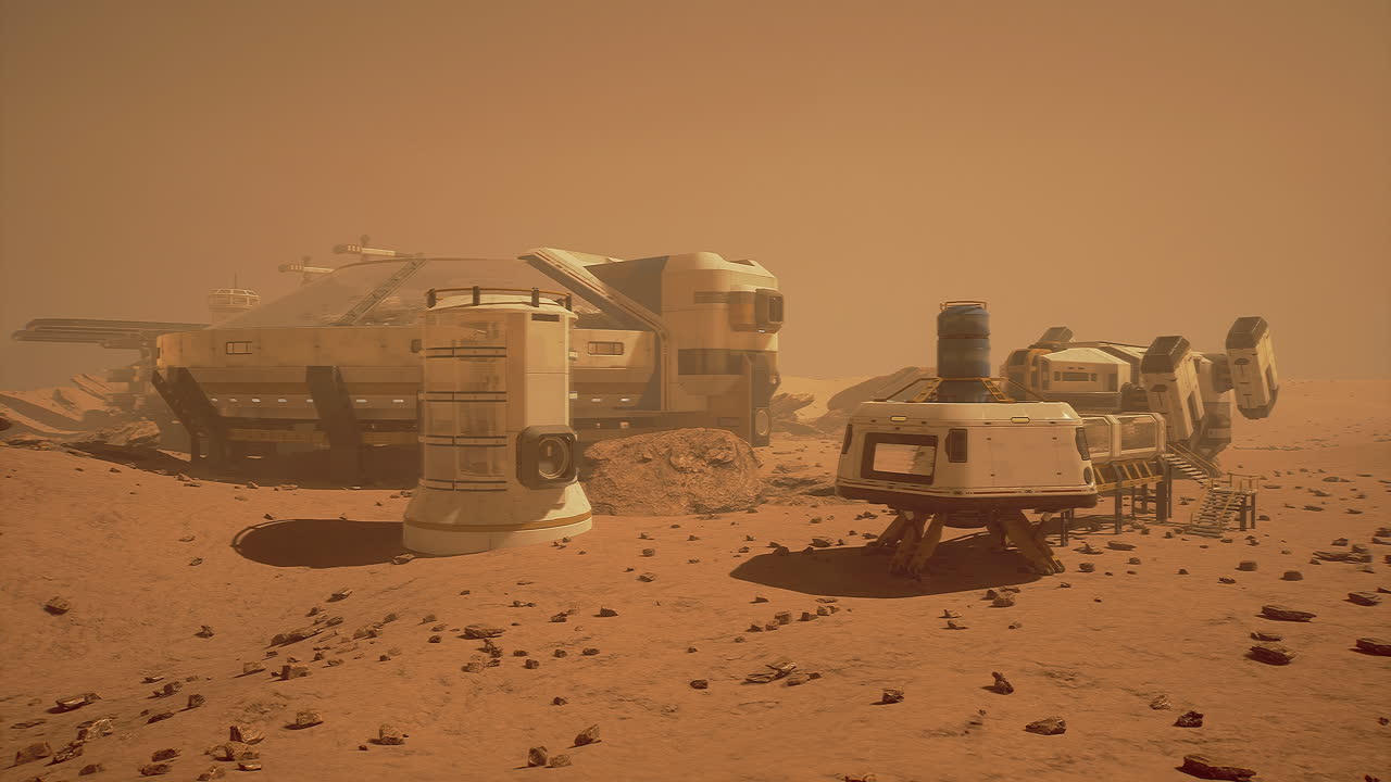 Utforskende baser på et marslandskap under en støvete atmosfære