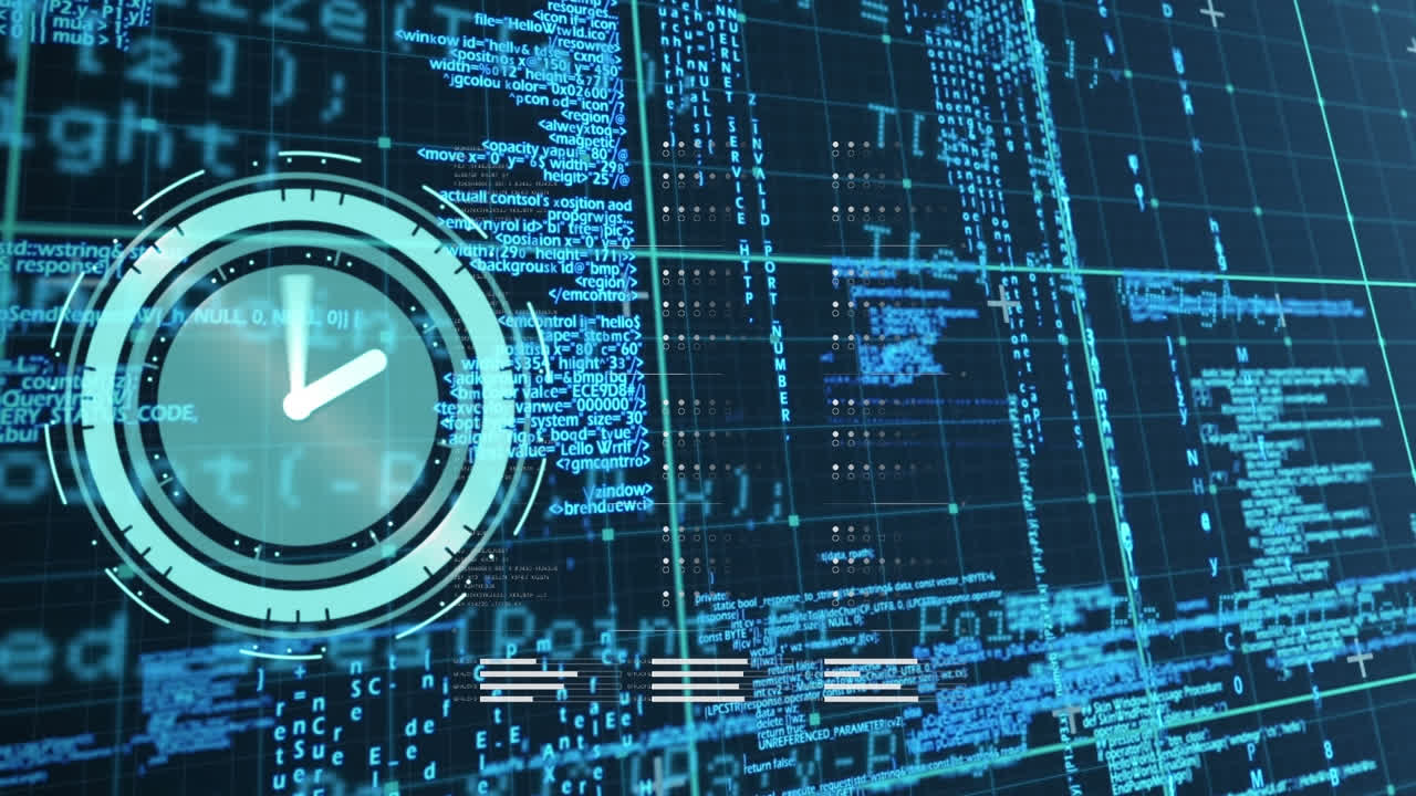 Animation of neon ticking clock and data processing over grid network against blue background