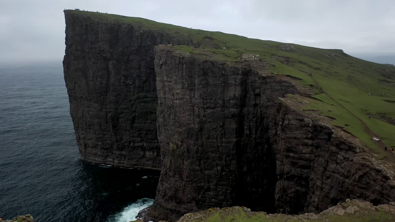 Dramatic clifftop hiking trail in remote Faroe Islands, aerial pan view