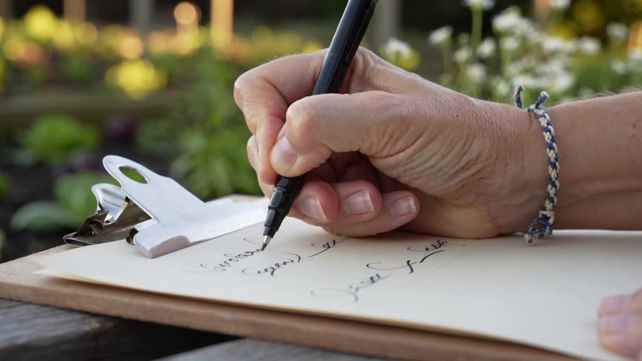 Ujung pena menyentuh kertas, tangan kaligrafer menulis aksara Arab, berlatih di papan jepit di taman.