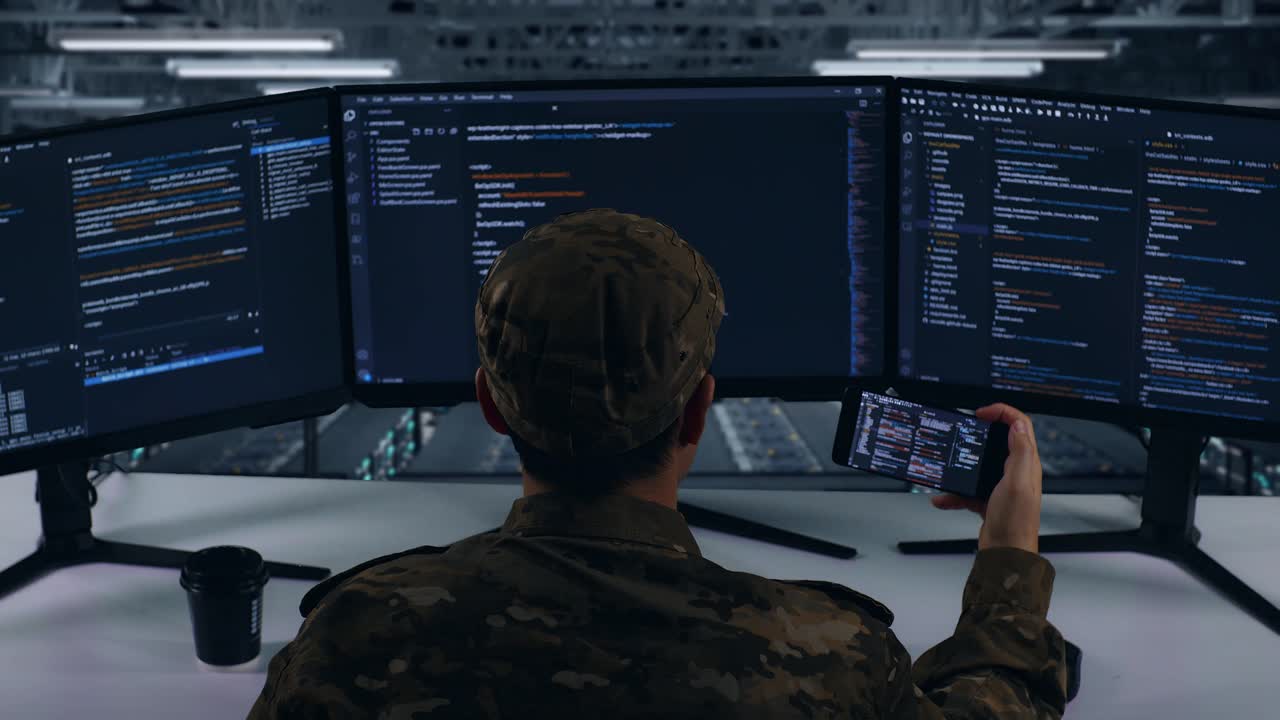 Back View Of Asian Military Working With Mobile Phone While Write Code With Multiple Computer Screens In Data Center