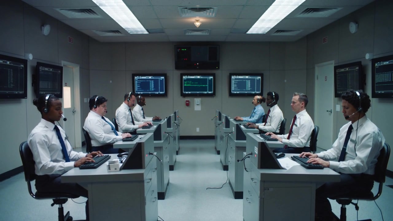 Monitoring team in business attire typing and checking wall monitors in control room, with headsets