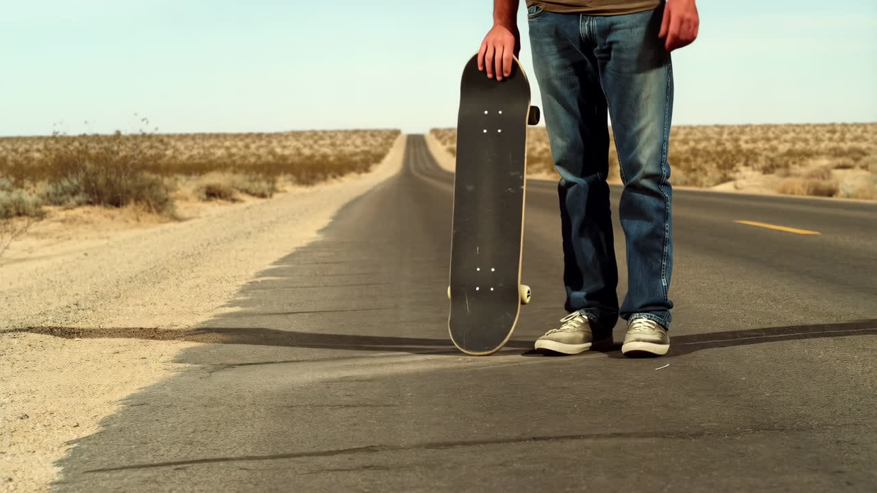 Person with skateboard on a desert road