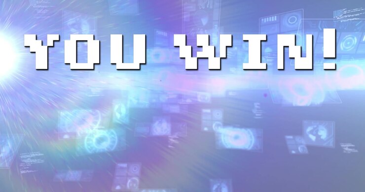 Animation of you win text over data processing on blue background
