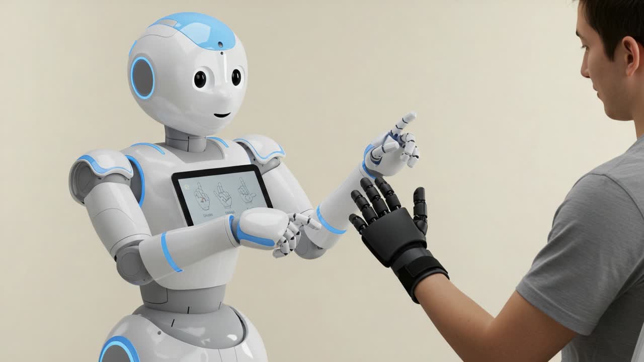 An Engaging Interaction Between a Friendly Robot and a Human Wearing a Glove, Highlighting Advances in Human-Robot Communication Technologies and Collaboration