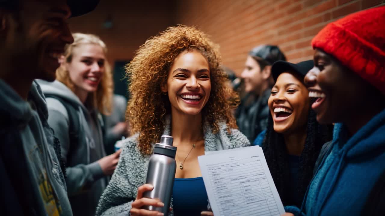 Interazione gioiosa tra amici in un contesto informale con risate, sorrisi e momenti condivisi, che evidenzia il legame e lo stare insieme in una scena di vita quotidiana