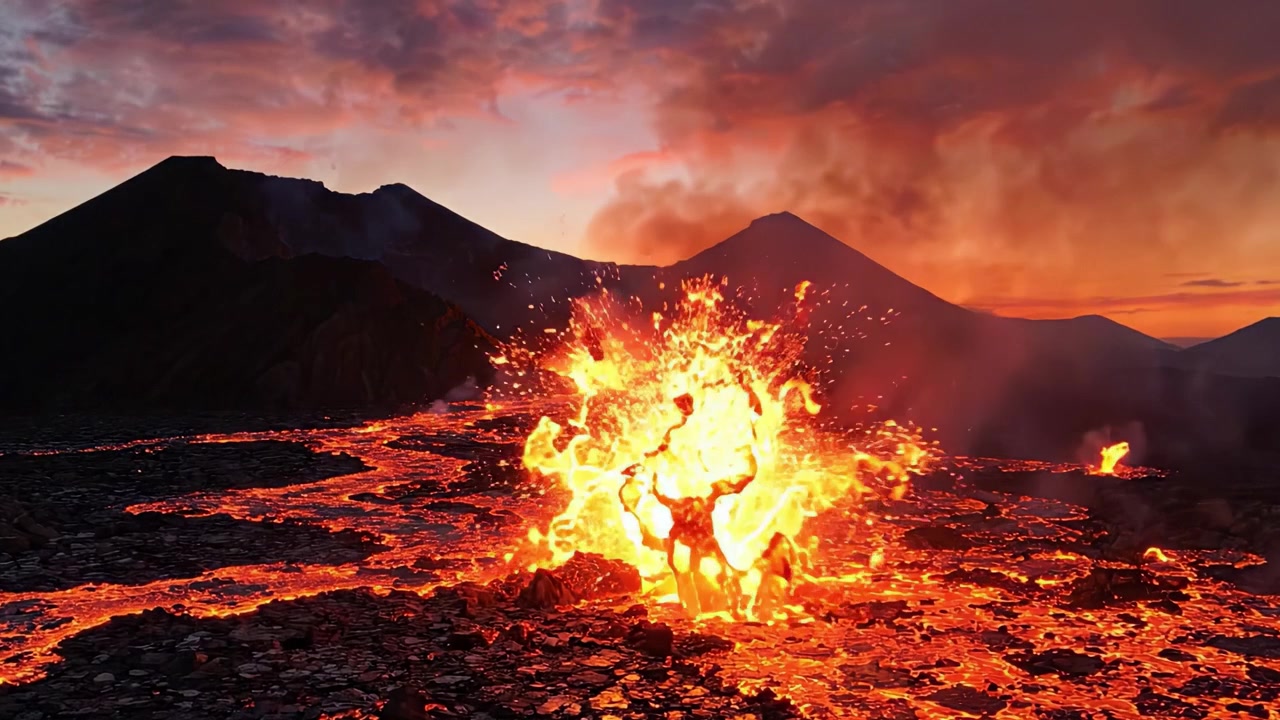 流れ出る溶岩と劇的な空を伴う夕暮れ時の噴火する火山の壮大な眺めは、自然の地質学的力の生の躍動を捉えている。