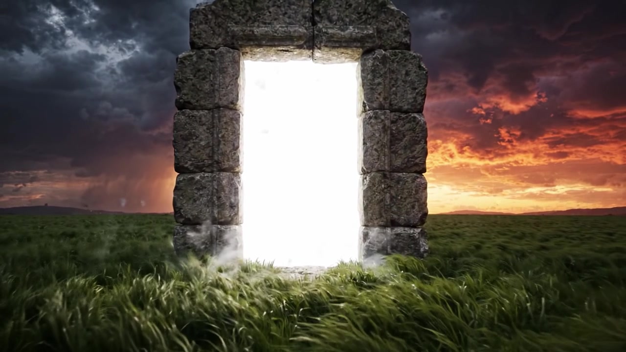 A Mysterious Doorway Emerges in a Dramatic Landscape, Illuminating the Surrounding Field with an Enigmatic Glow Amidst a Turbulent Sky