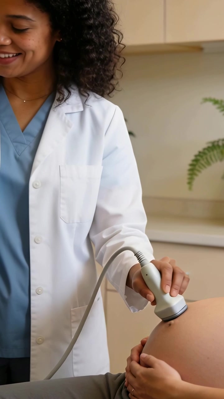 Video verticale: Applicazione della sonda, medico in camice che esegue un'ecografia in clinica controllando il bambino, spazio per testo