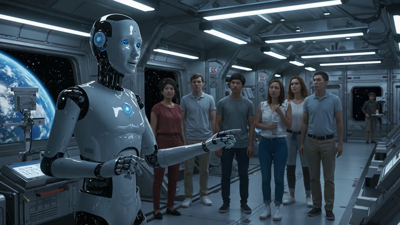 A Futuristic Encounter: A Stunningly Realistic Robot Interacting with a Group of People in a Space Station, Highlighting the Blend of Technology and Human Experience