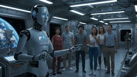 a futuristic encounter: a stunningly realistic robot interacting with a group of people in a space station, highlighting the blend of technology and human experience