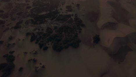 Aerial-landscape-with-sand-dunes-on-coast-at-sunset