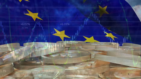 animation of financial data processing and pile of coins against waving eu flag and blue sky