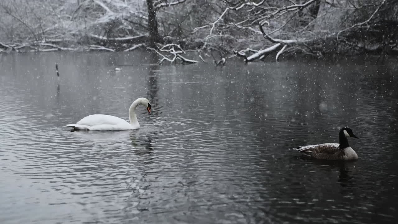amigos emplumados en un río, abrazados por la nieve que cae