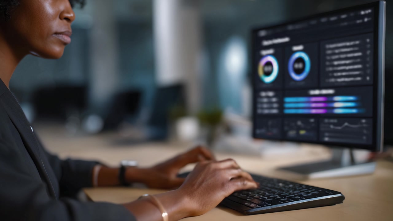 Focused Professional Analyzing Data with Modern Technology, Engaged in Work at a Sleek Computer in a Contemporary Office Environment