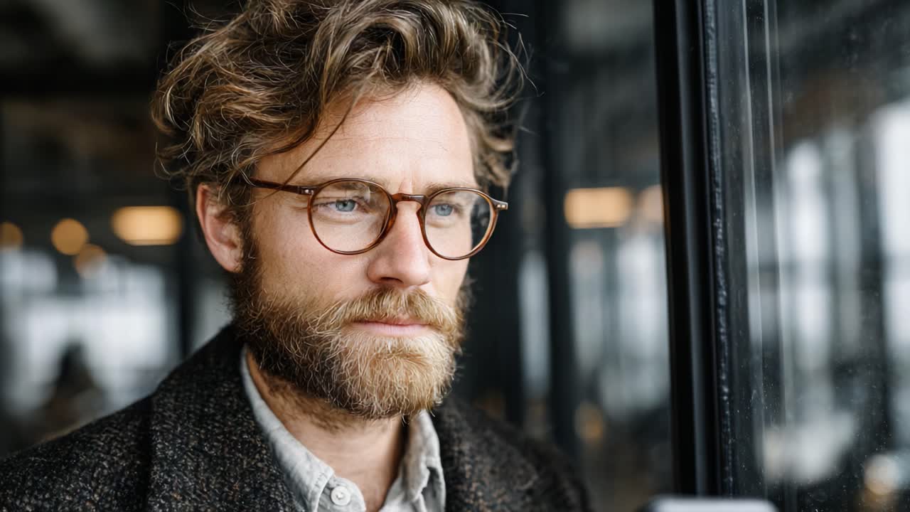 Introspective Man with Glasses and Beard Looking Out the Window in a Modern Cafe Setting, Reflecting on Life and Possibilities in a Thoughtful Moment