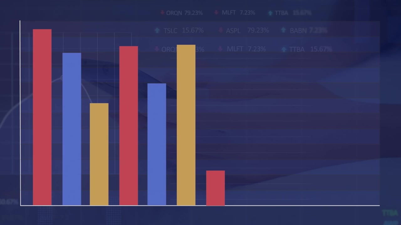 The stock market data is processing against the midsection of a woman using a smartphone in the bed