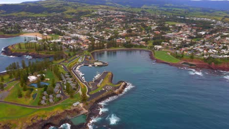 aerial view of kiama coastal town, blowhole and kiama harbour in new south wales, australia