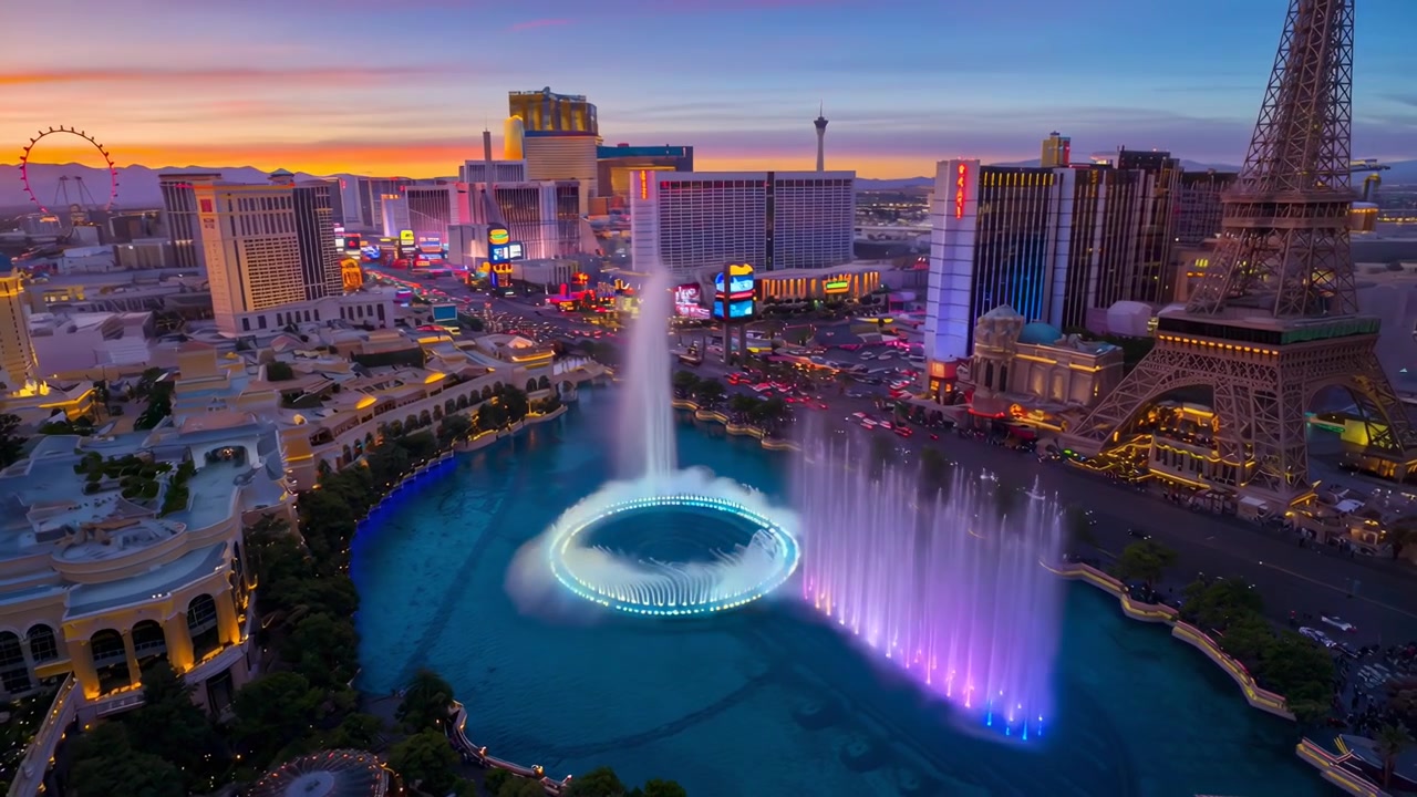 Luftfoto af Bellagio-fontænerne i Las Vegas ved solnedgang