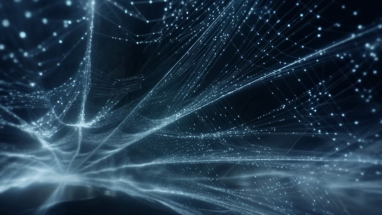 Glowing Data Stream Across Dark Network, Shimmering Filaments And Particles Flow In Cinematic Slow Motion,