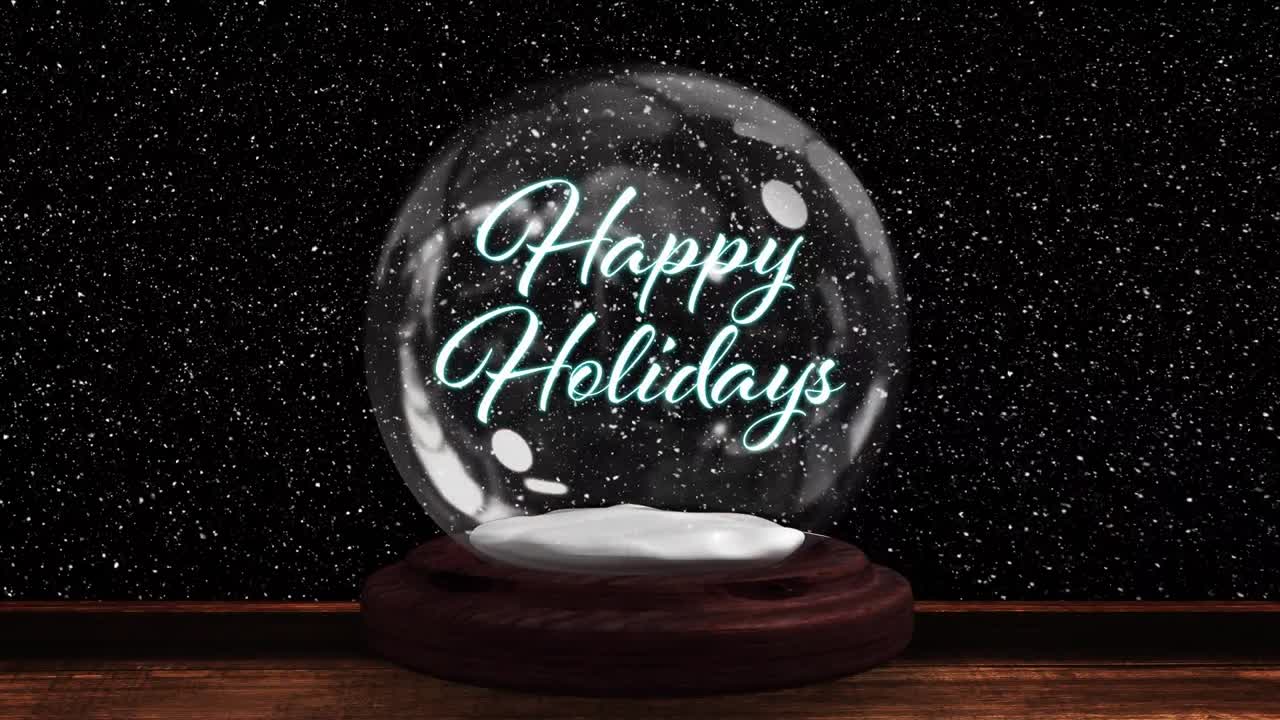 animación de feliz texto de navidad sobre globo de nieve, estrella fugaz y nieve cayendo