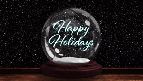 Animation-of-happy-christmas-text-over-snow-globe,-shooting-star-and-snow-falling