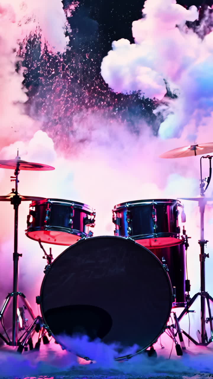 A pair of drums is surrounded by a cloud of colorful smoke. The smoke is pink, blue, and purple, and it looks like it's coming from the drums. The scene is dynamic and energetic, with the drums