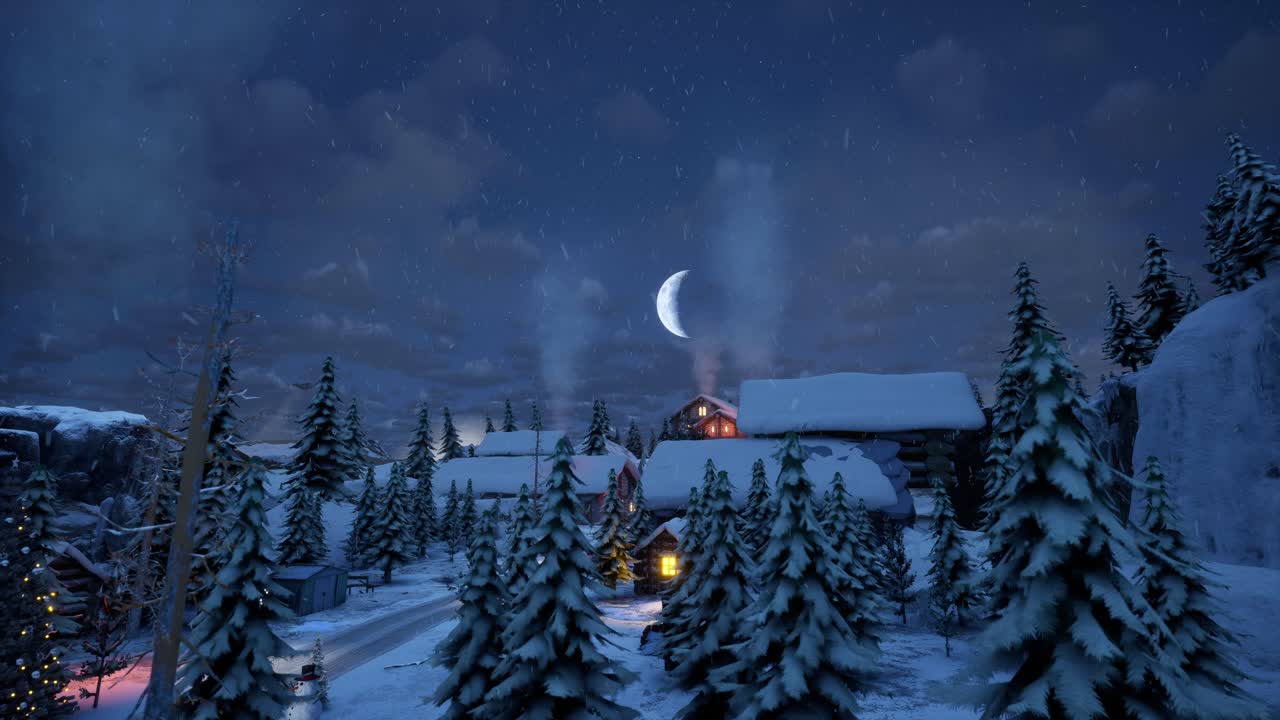 House In Middle Of Snowy Trees, Winter Blue Hour, Snow Falling