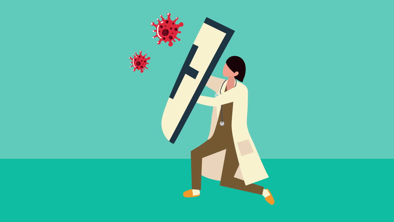 방패와 입자를 가진 여성 의사