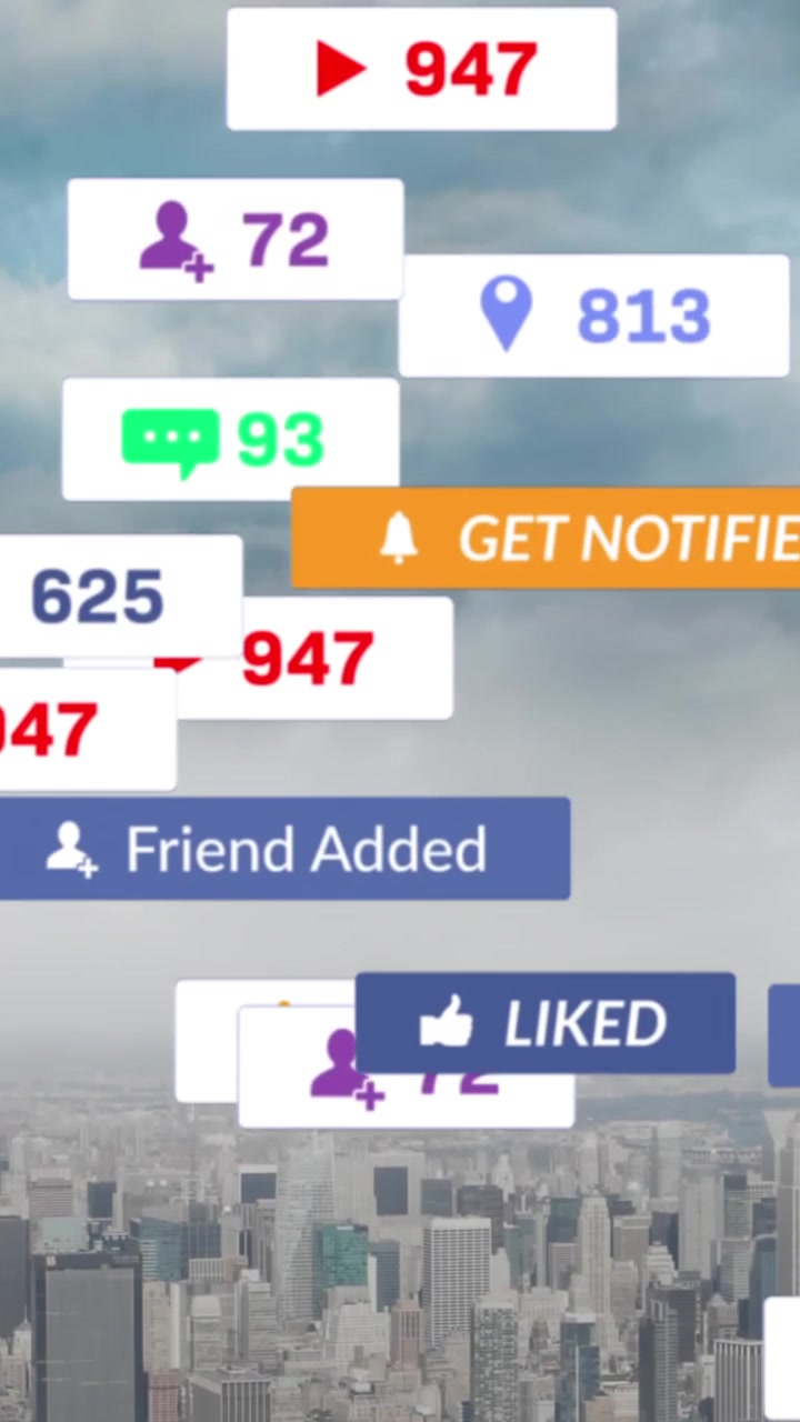 Animation of falling social media icons over cityscape