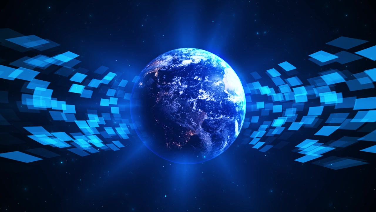 Digital earth square orbit background shows glowing planet blue floating panels deep space